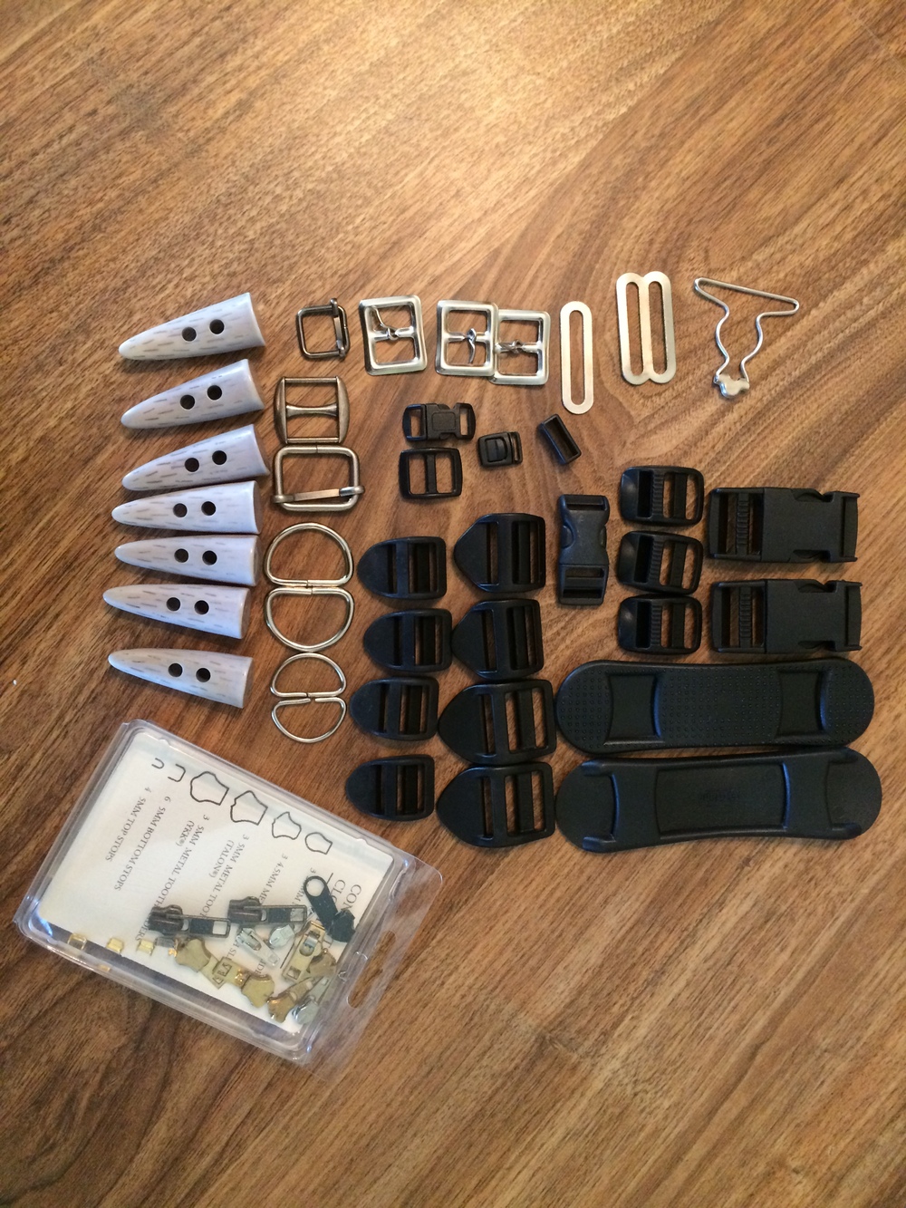 Assorted Metal and Black Plastic Buckles Buttons Zipper Pulls